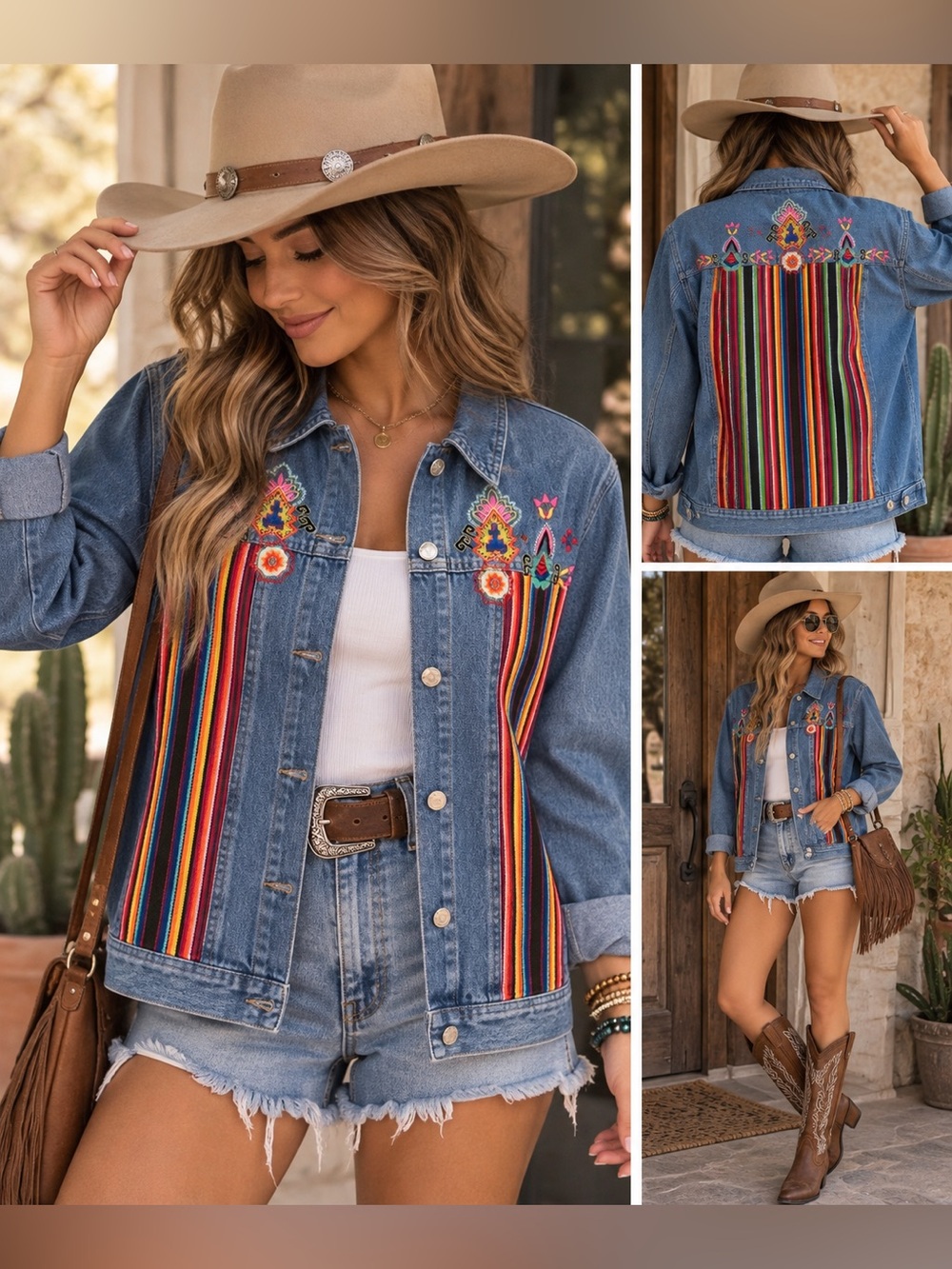 Bedford Fair 1X Embroidered Serape Denim Jacket Southwestern Boho Western EUC